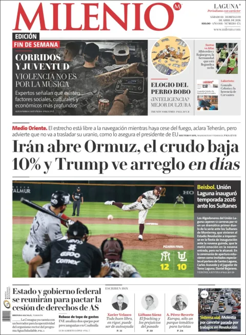 Portada de Milenio Laguna del sábado, 18 de abril de 2026