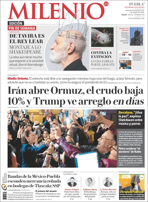 Portada de Milenio Puebla del sábado, 18 de abril de 2026
