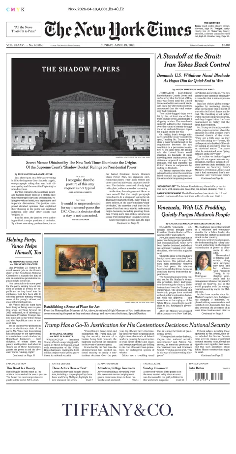 Portada de The New York Times (new York) del domingo, 19 de abril de 2026