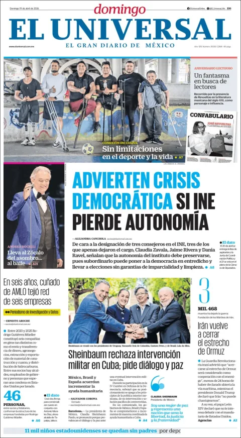 Portada de El Universal del domingo, 19 de abril de 2026