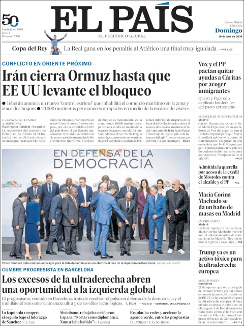Portada de El Pais del domingo, 19 de abril de 2026