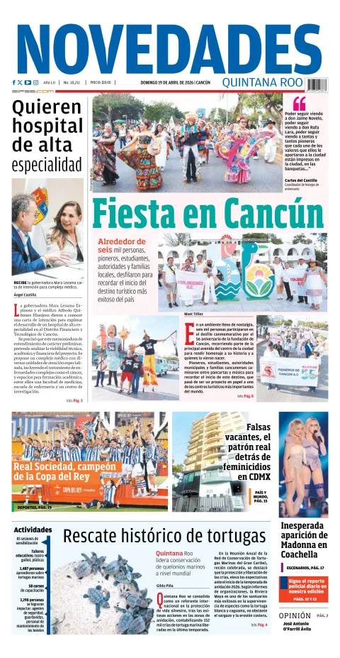 Portada de Novedades Quintana Roo del domingo, 19 de abril de 2026