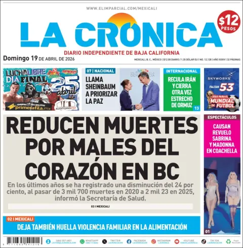 Portada de La Cronica del domingo, 19 de abril de 2026