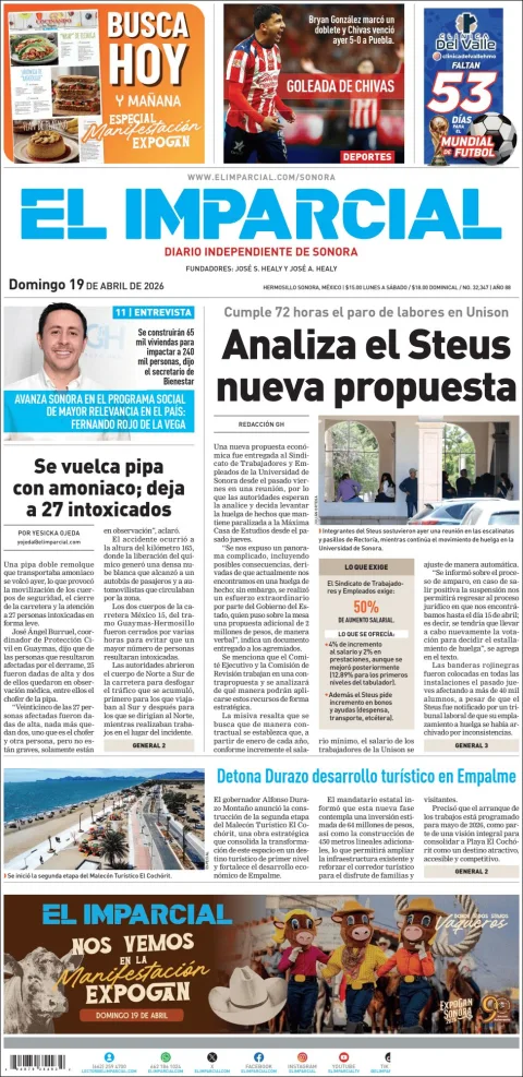 Portada de El Imparcial del domingo, 19 de abril de 2026