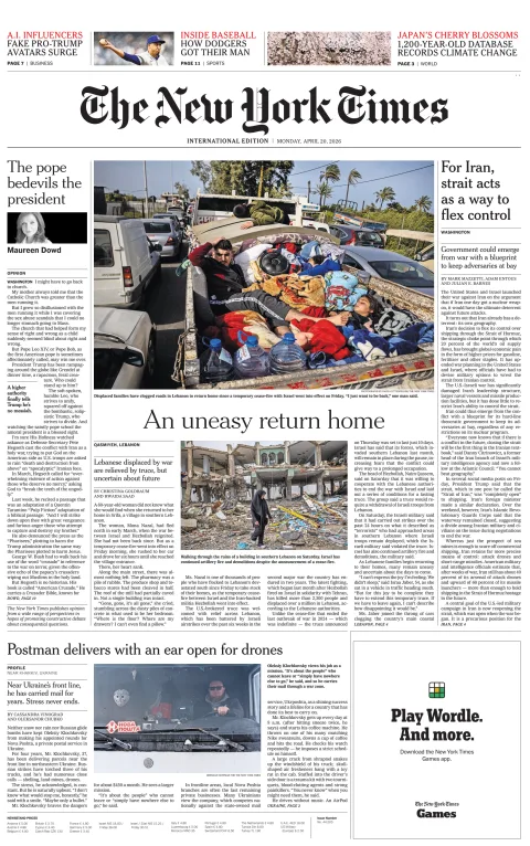 Portada de The New York Times (international) del lunes, 20 de abril de 2026