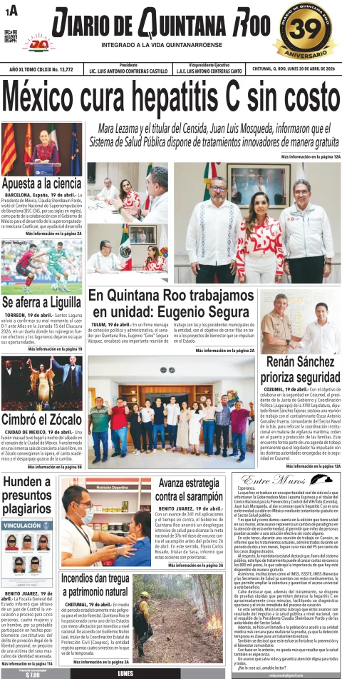 Portada de Diario de Quintana Roo (portada) del lunes, 20 de abril de 2026