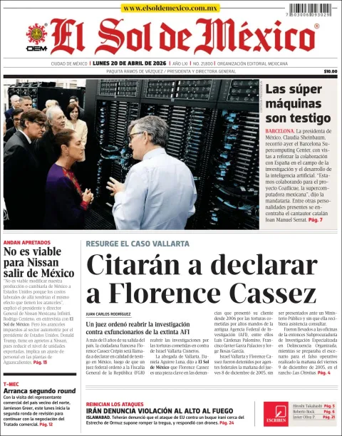Portada de El Sol de Mexico del lunes, 20 de abril de 2026