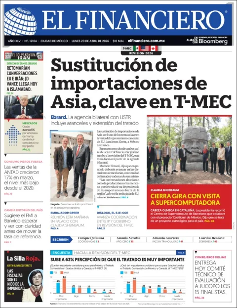 Portada de El Financiero del lunes, 20 de abril de 2026