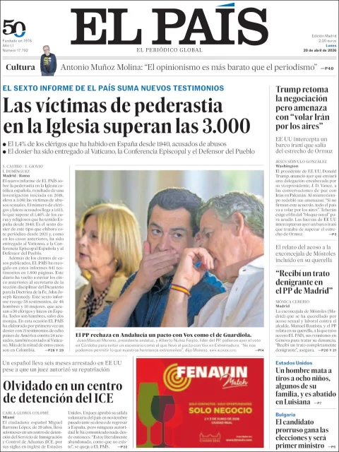 Portada de El Pais del lunes, 20 de abril de 2026