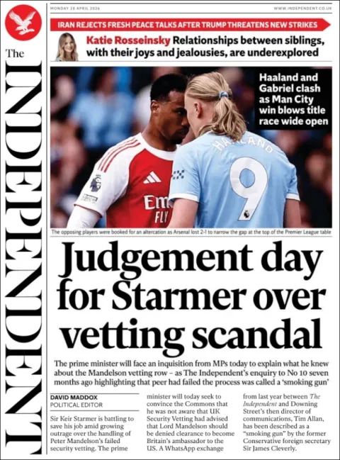 Portada de The Independent del lunes, 20 de abril de 2026