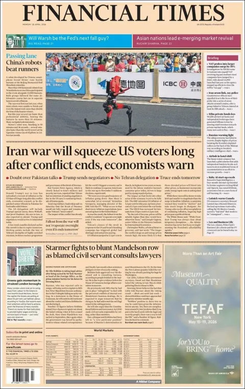 Portada de Financial Times del lunes, 20 de abril de 2026