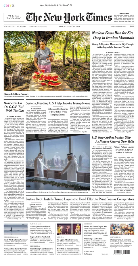 Portada de The New York Times (national) del lunes, 20 de abril de 2026