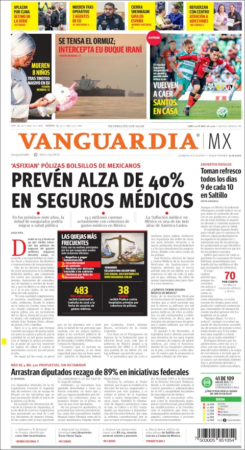 Portada de Vanguardia del lunes, 20 de abril de 2026