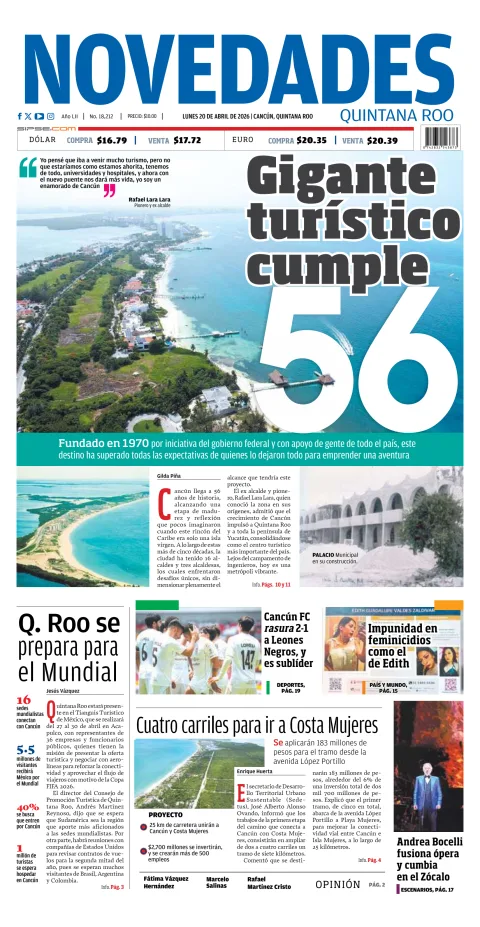 Portada de Novedades Quintana Roo del lunes, 20 de abril de 2026