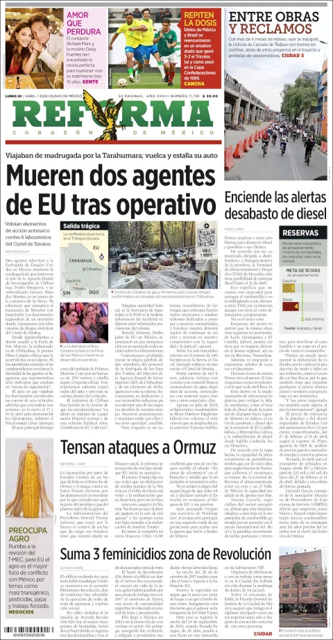 Portada de Reforma del lunes, 20 de abril de 2026