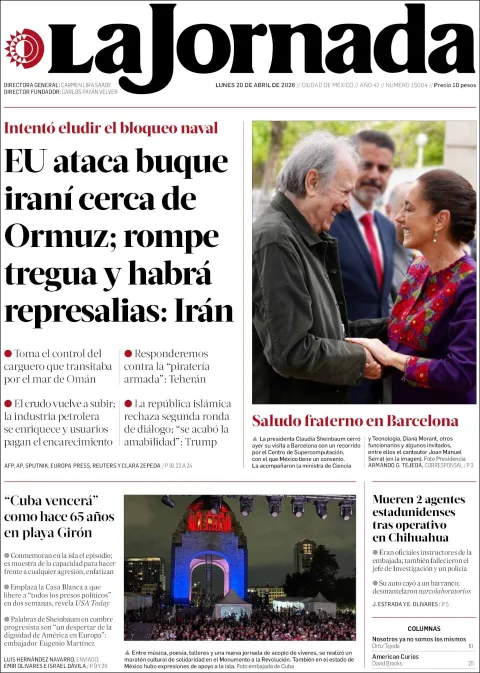Portada de La Jornada del lunes, 20 de abril de 2026