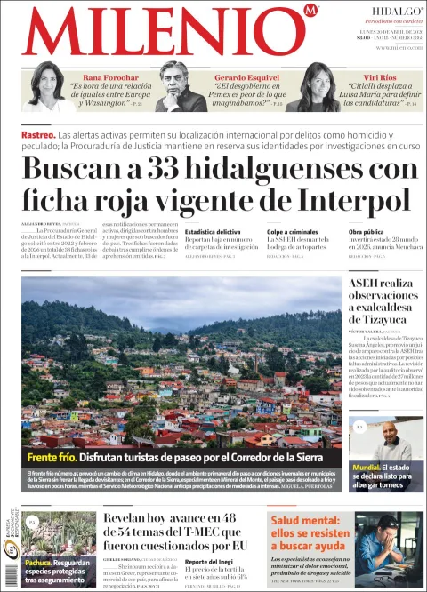 Portada de Milenio del lunes, 20 de abril de 2026