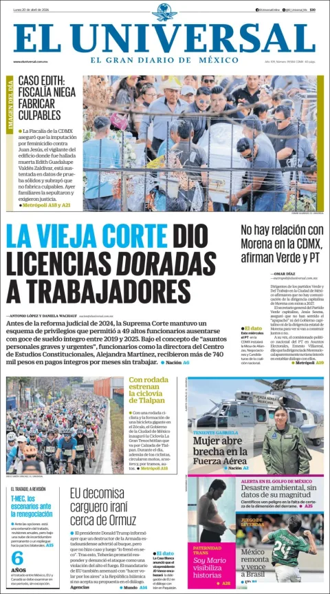 Portada de El Universal del lunes, 20 de abril de 2026