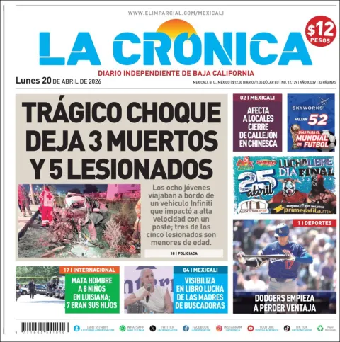 Portada de La Cronica del lunes, 20 de abril de 2026