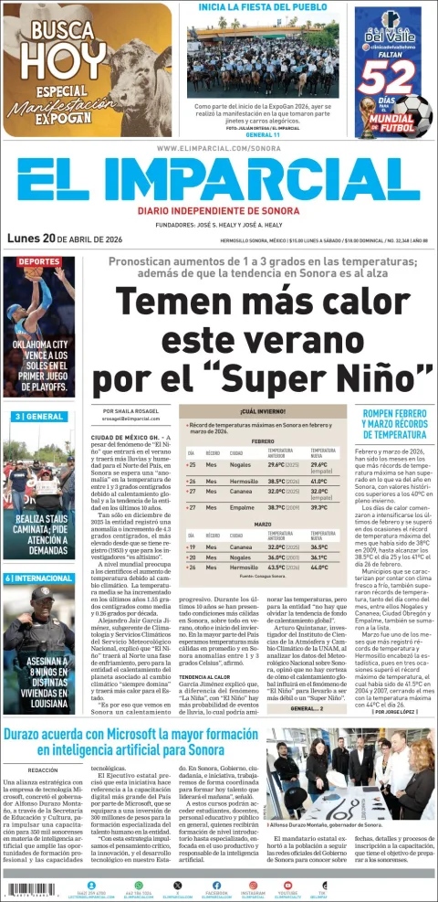Portada de El Imparcial del lunes, 20 de abril de 2026