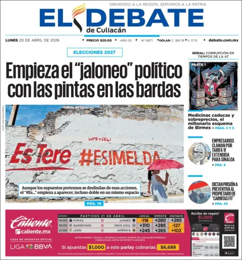 Portada de El Debate de Culiacan del lunes, 20 de abril de 2026