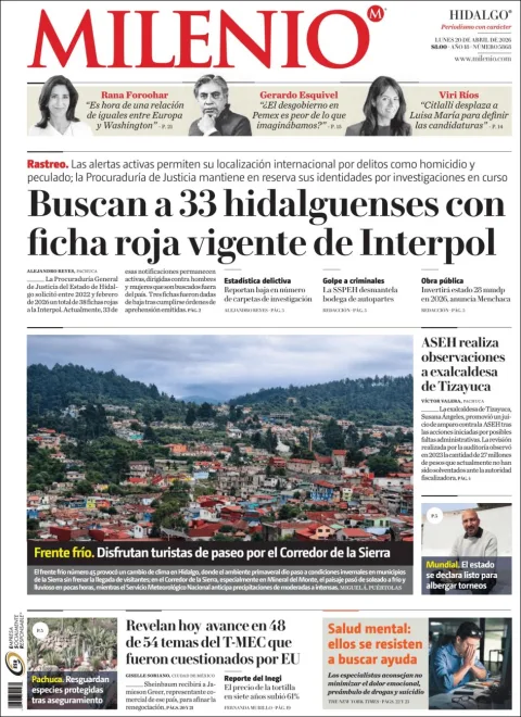 Portada de Milenio Hidalgo del lunes, 20 de abril de 2026