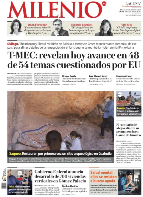 Portada de Milenio Laguna del lunes, 20 de abril de 2026