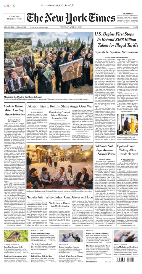 Portada de The New York Times (national) del martes, 21 de abril de 2026