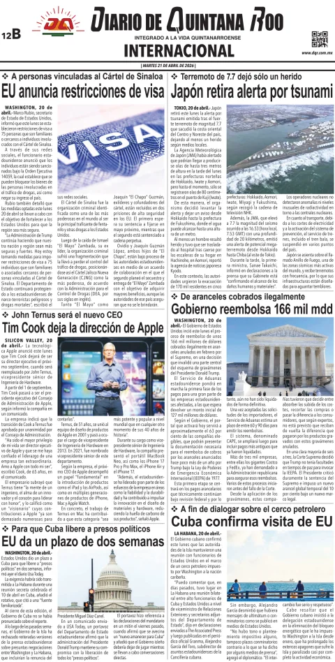 Portada de Diario de Quintana Roo (contra Portada) del martes, 21 de abril de 2026