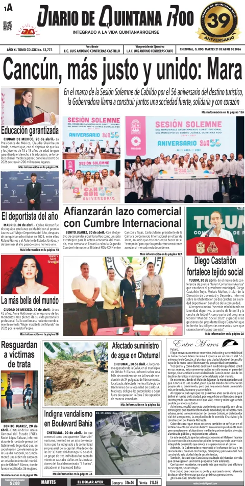 Portada de Diario de Quintana Roo (portada) del martes, 21 de abril de 2026