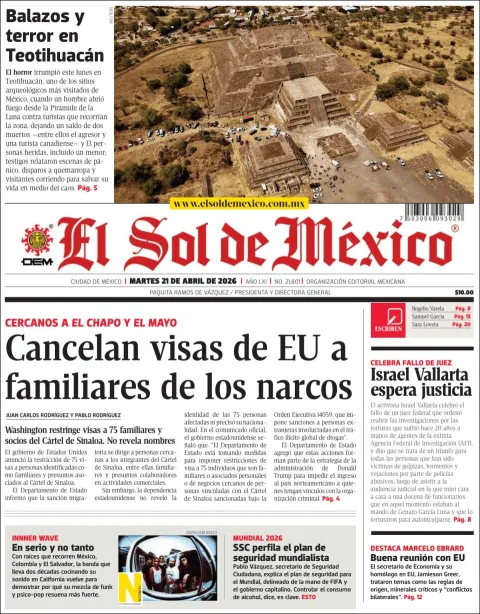 Portada de El Sol de Mexico del martes, 21 de abril de 2026