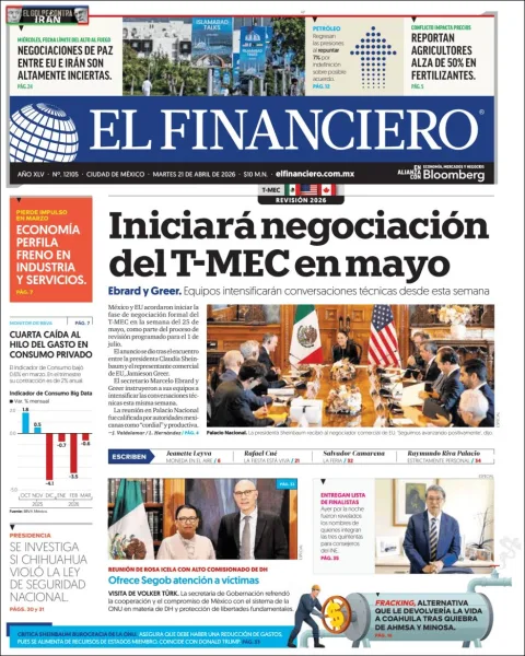 Portada de El Financiero del martes, 21 de abril de 2026