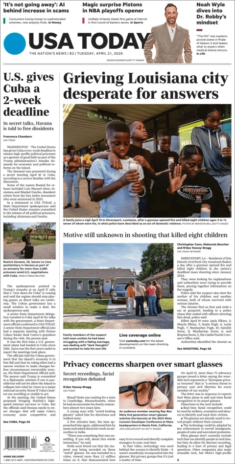 Portada de Usa Today del martes, 21 de abril de 2026