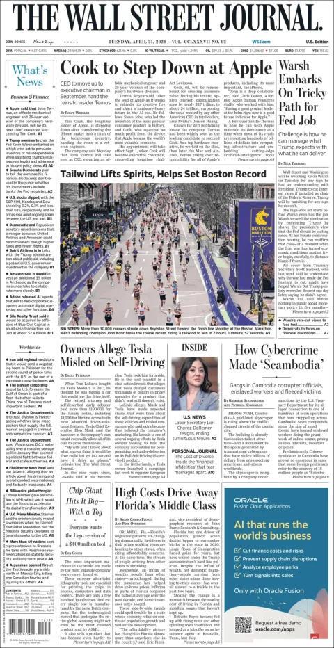 Portada de The Wall Street Journal del martes, 21 de abril de 2026