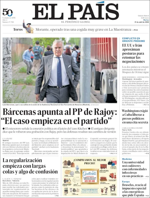 Portada de El Pais del martes, 21 de abril de 2026