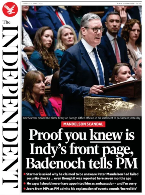 Portada de The Independent del martes, 21 de abril de 2026