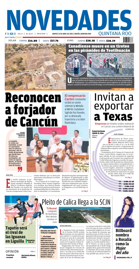 Portada de Novedades Quintana Roo del martes, 21 de abril de 2026