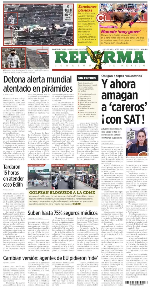 Portada de Reforma del martes, 21 de abril de 2026