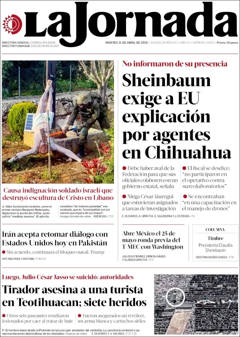 Portada de La Jornada del martes, 21 de abril de 2026