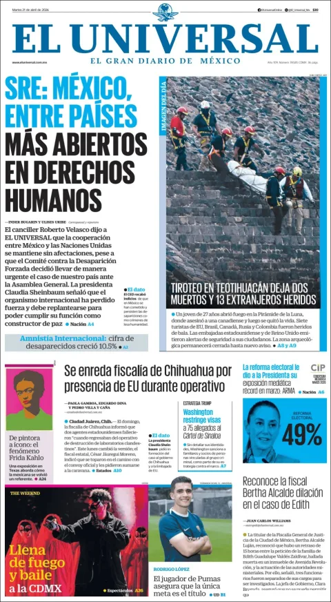 Portada de El Universal del martes, 21 de abril de 2026