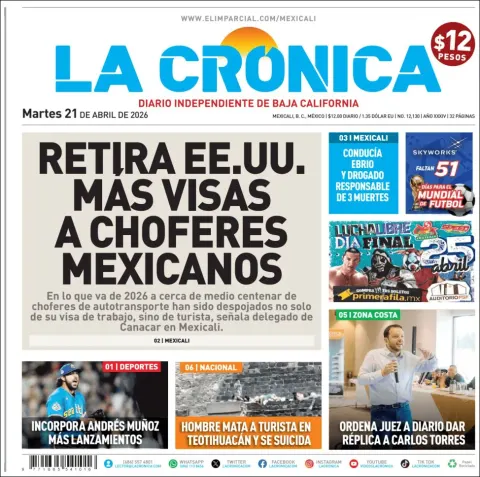 Portada de La Cronica del martes, 21 de abril de 2026