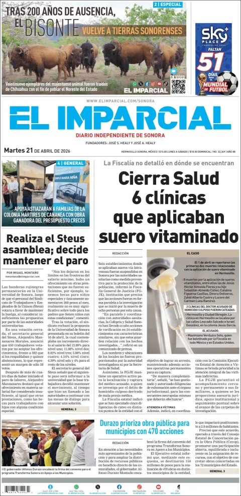 Portada de El Imparcial del martes, 21 de abril de 2026