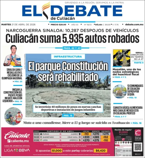 Portada de El Debate de Culiacan del martes, 21 de abril de 2026