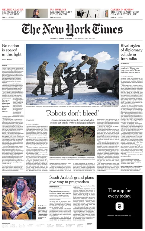 Portada de The New York Times (international) del miércoles, 22 de abril de 2026