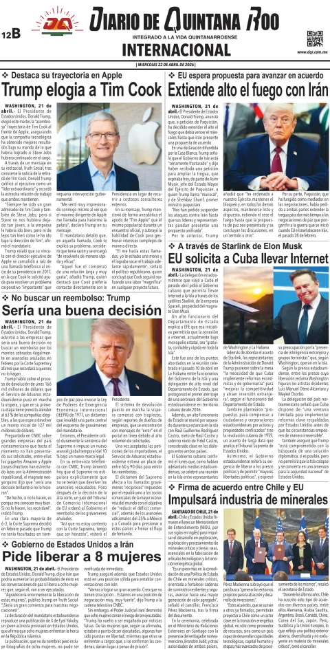 Portada de Diario de Quintana Roo (contra Portada) del 2026-04-22