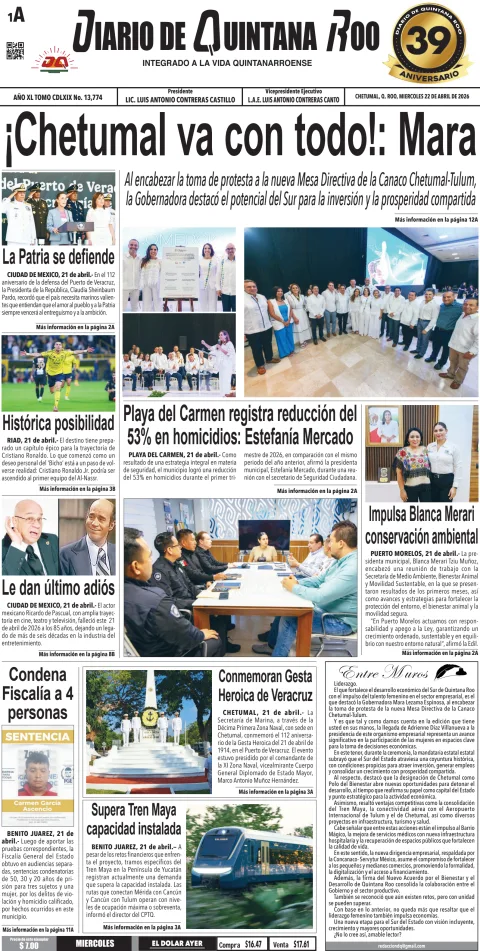 Portada de Diario de Quintana Roo (portada) del 2026-04-22