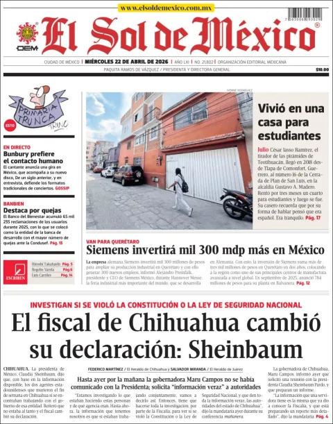 Portada de El Sol de Mexico del miércoles, 22 de abril de 2026