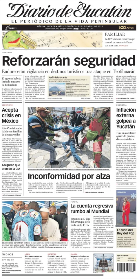 Portada de Diario de Yucatán del miércoles, 22 de abril de 2026