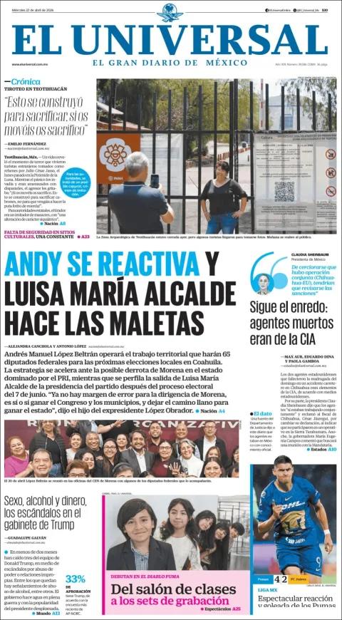 Portada de El Universal del miércoles, 22 de abril de 2026