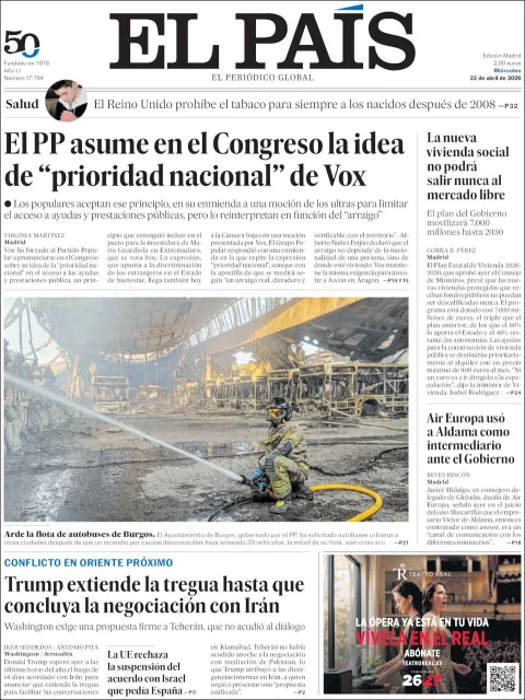 Portada de El Pais del miércoles, 22 de abril de 2026